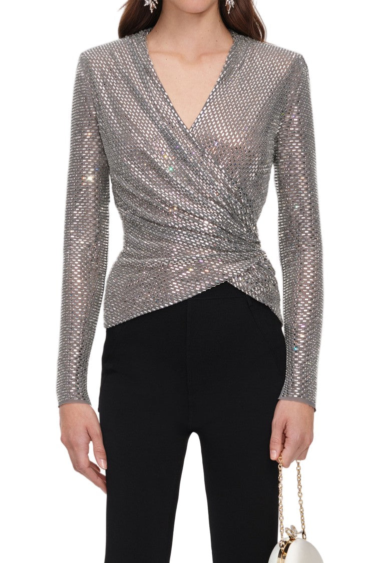 Self-Portrait Metallic Silver Long-Sleeved Wrap Top With Textured Pattern