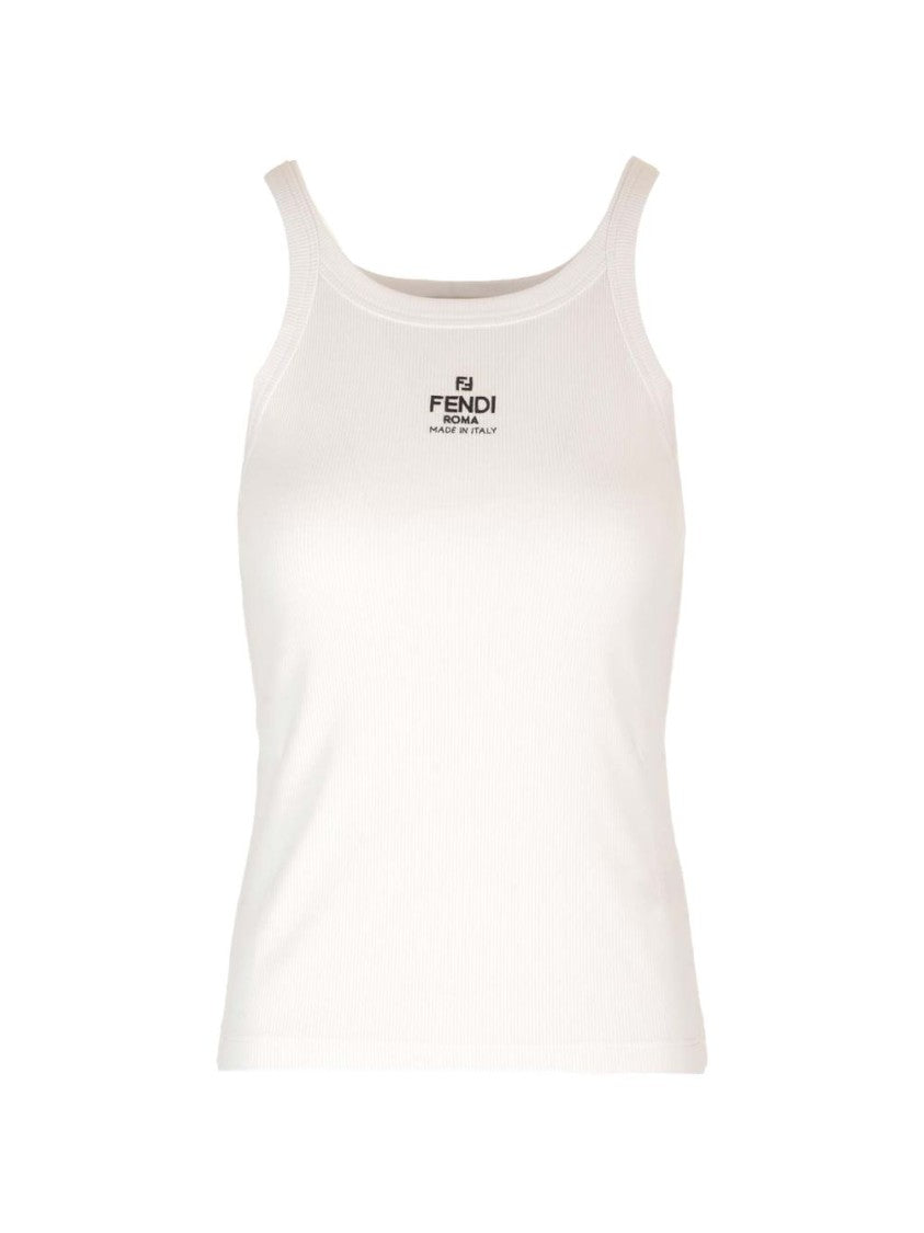 Fendi White Fitted Sleeveless Ribbed Logo Top