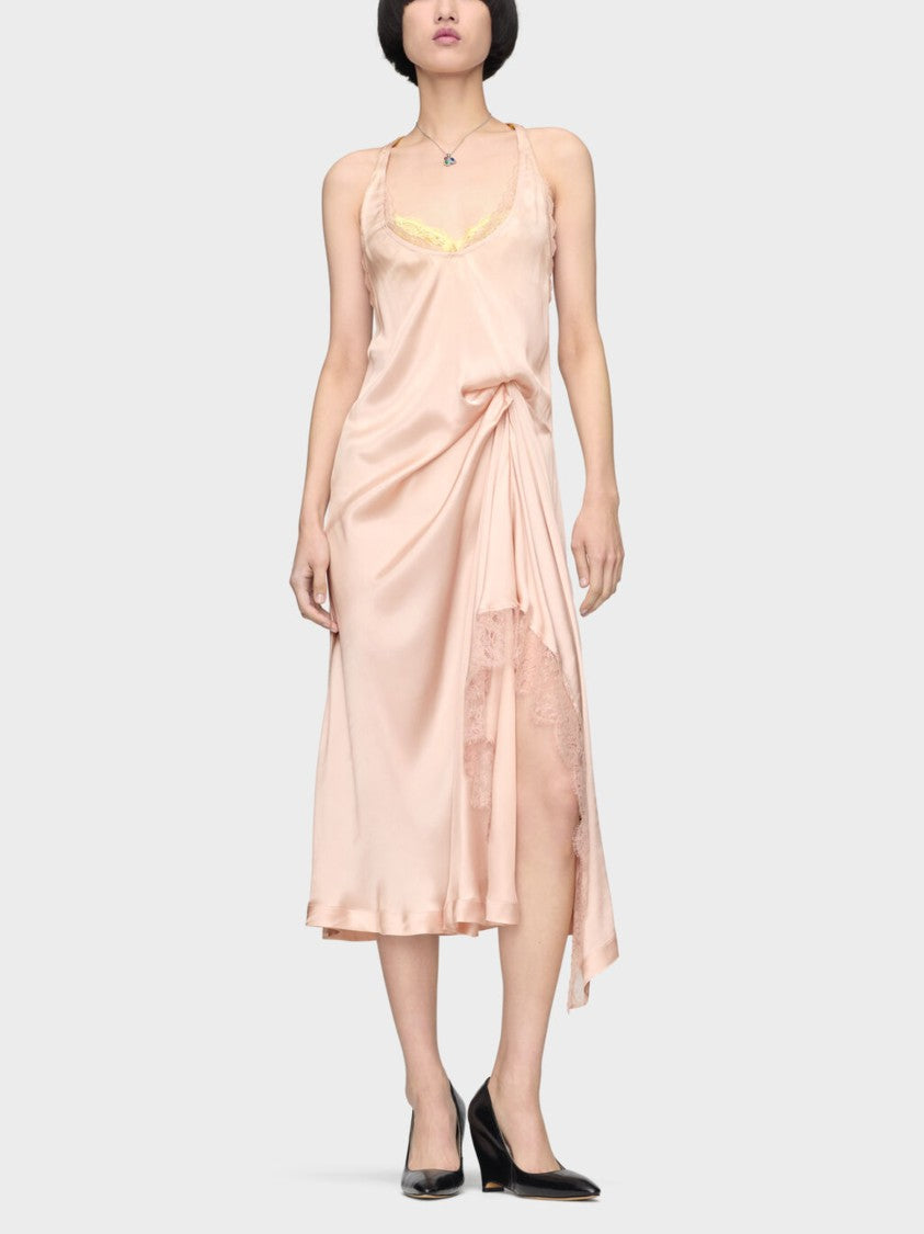 Maison Margiela Pink Lace Trim Silk Satin Midi Dress