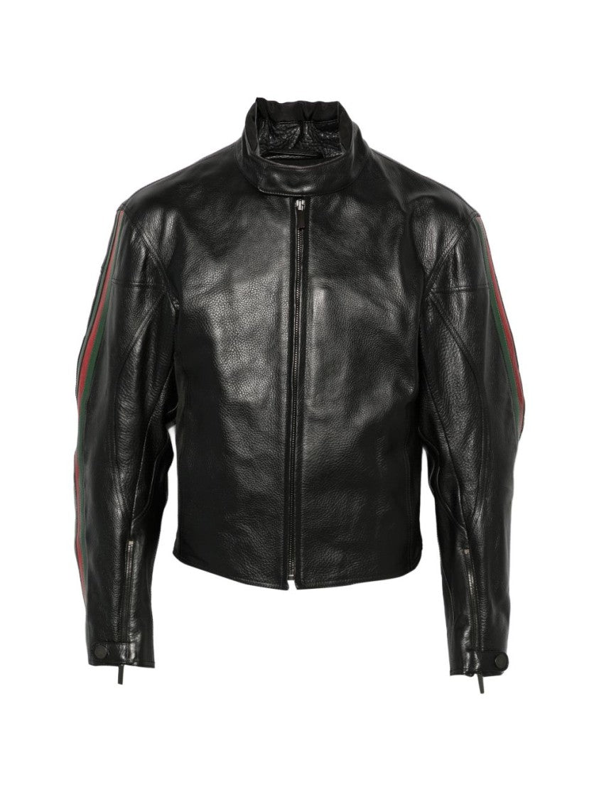 Gucci Cropped Leather Jacket With Striped Shoulders And Zippered Cuffs