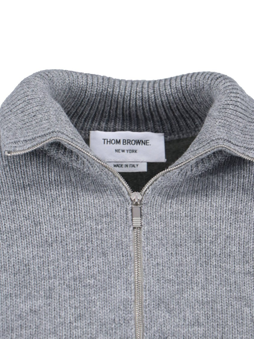 Thom Browne Grey Wool Zip Sweater 4-Bar Detail