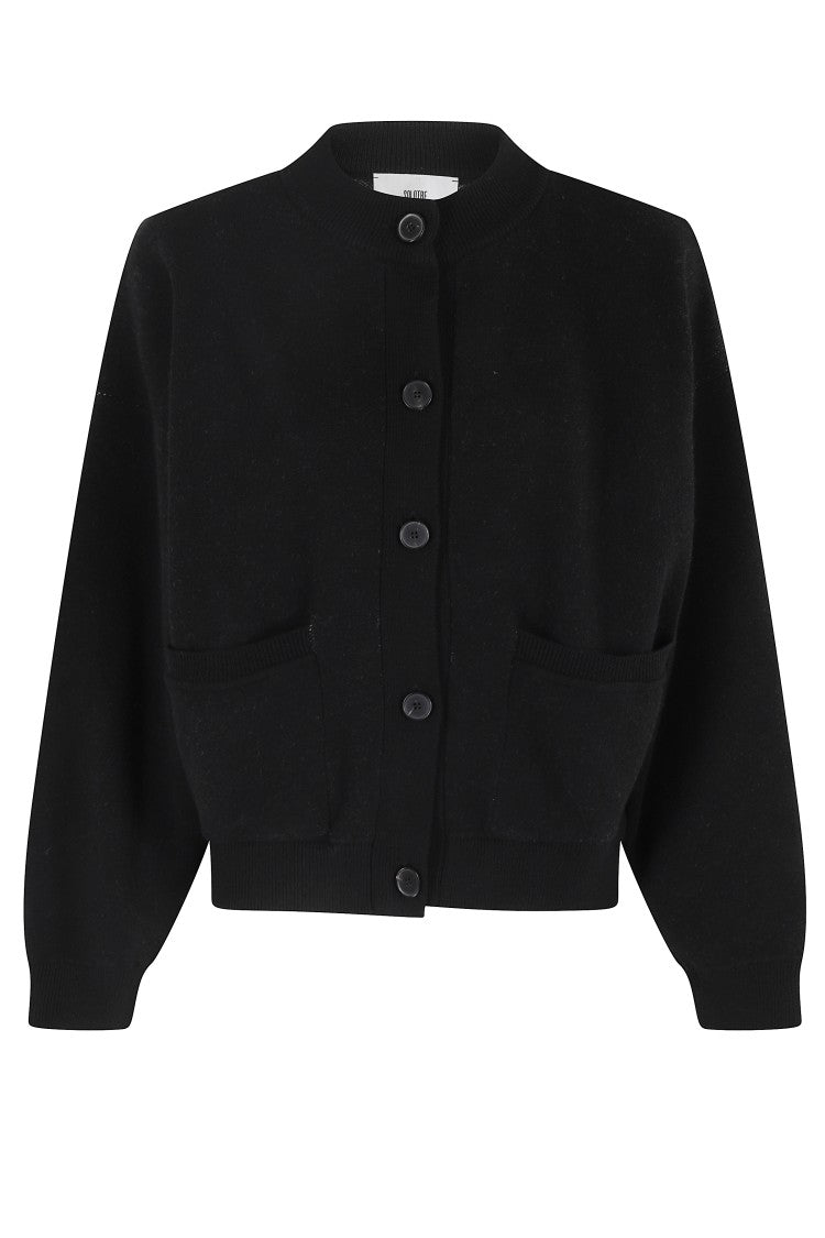 Solotre Cropped Black Cardigan With Center Button Closure And Front Pockets