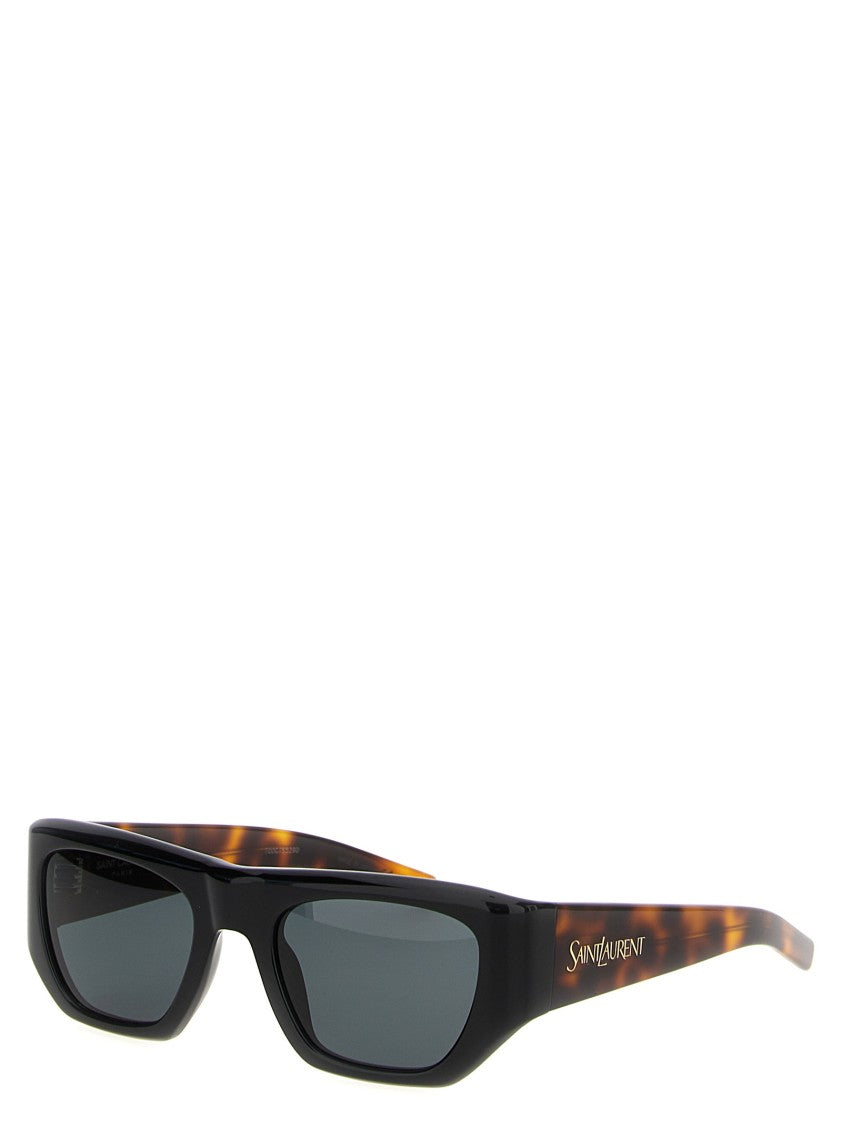 Saint Laurent Black Acetate Rectangular Sunglasses With Tortoiseshell Temples