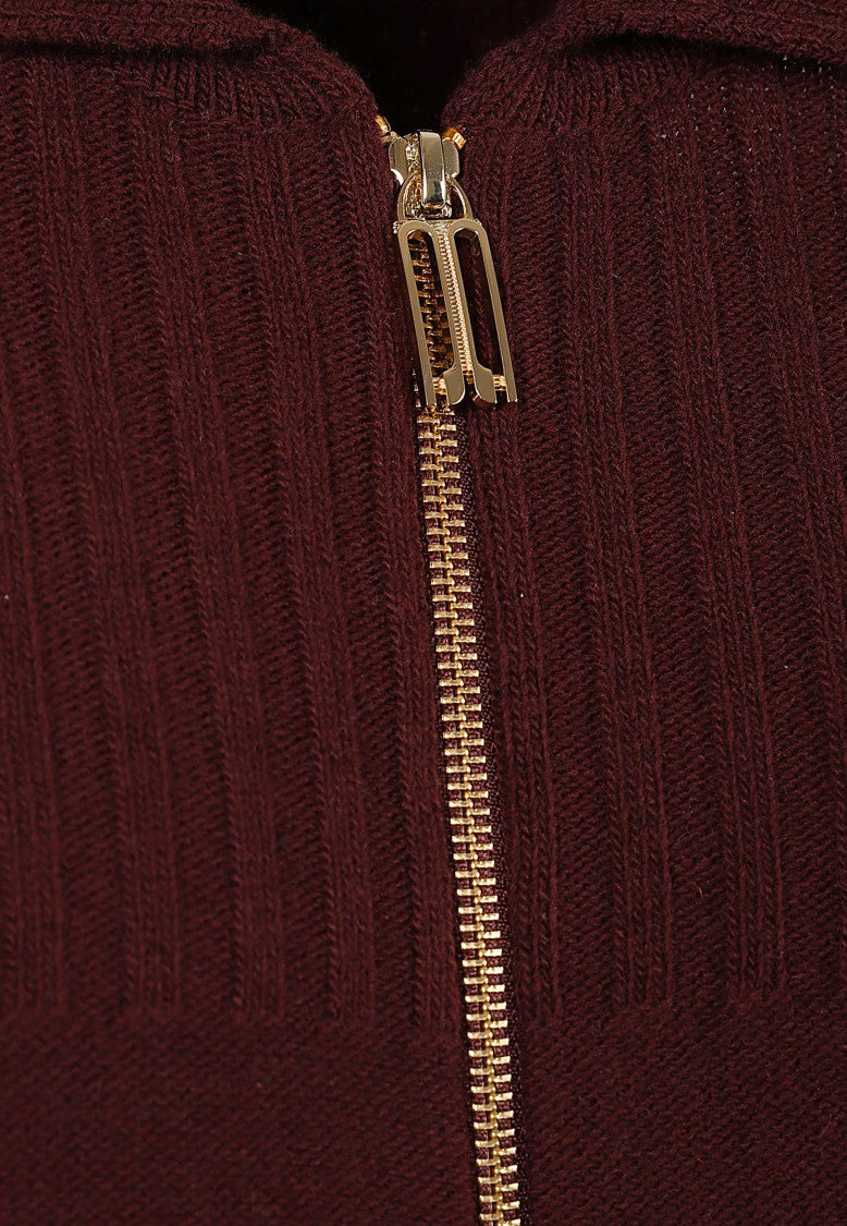 Victoria Beckham Burgundy Ribbed-Knit Jumper With Gold-Tone Hardware