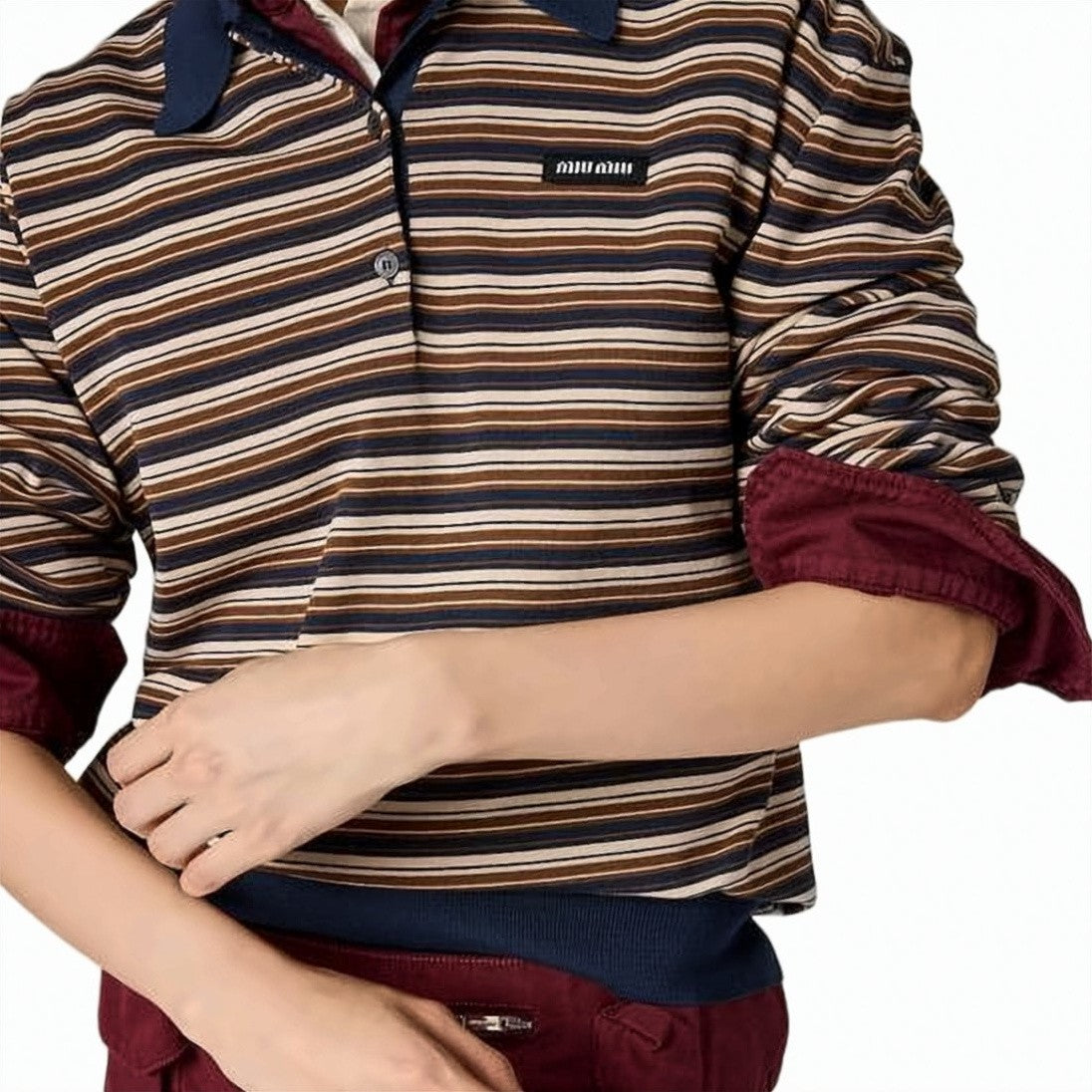 Miu Miu Long-Sleeve Wool Polo Shirt With Contrasting Collar And Cuffs