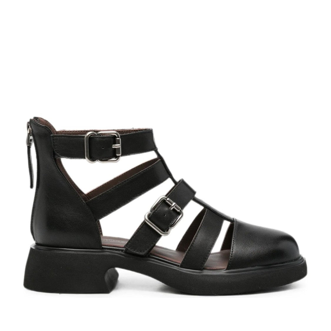 Sergio Moretti Black Adjustable Strap Zipper Leather Sandals