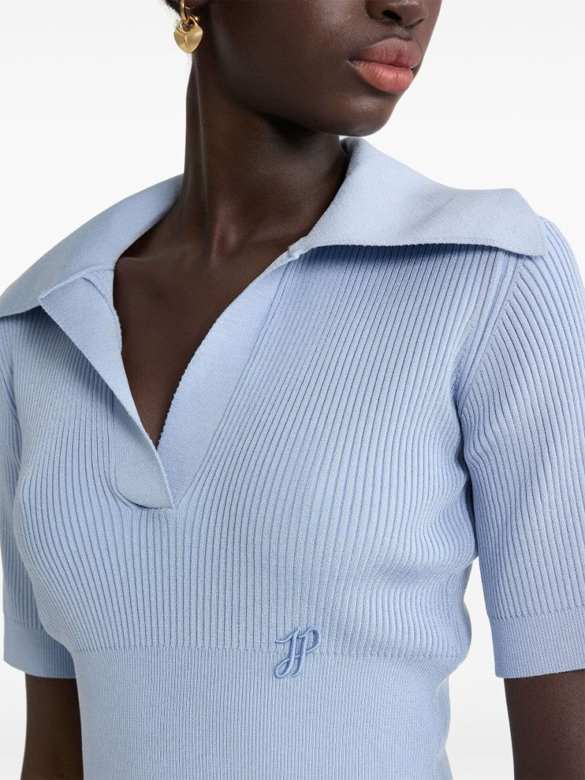 Patou Light Blue Ribbed Knit Polo Top