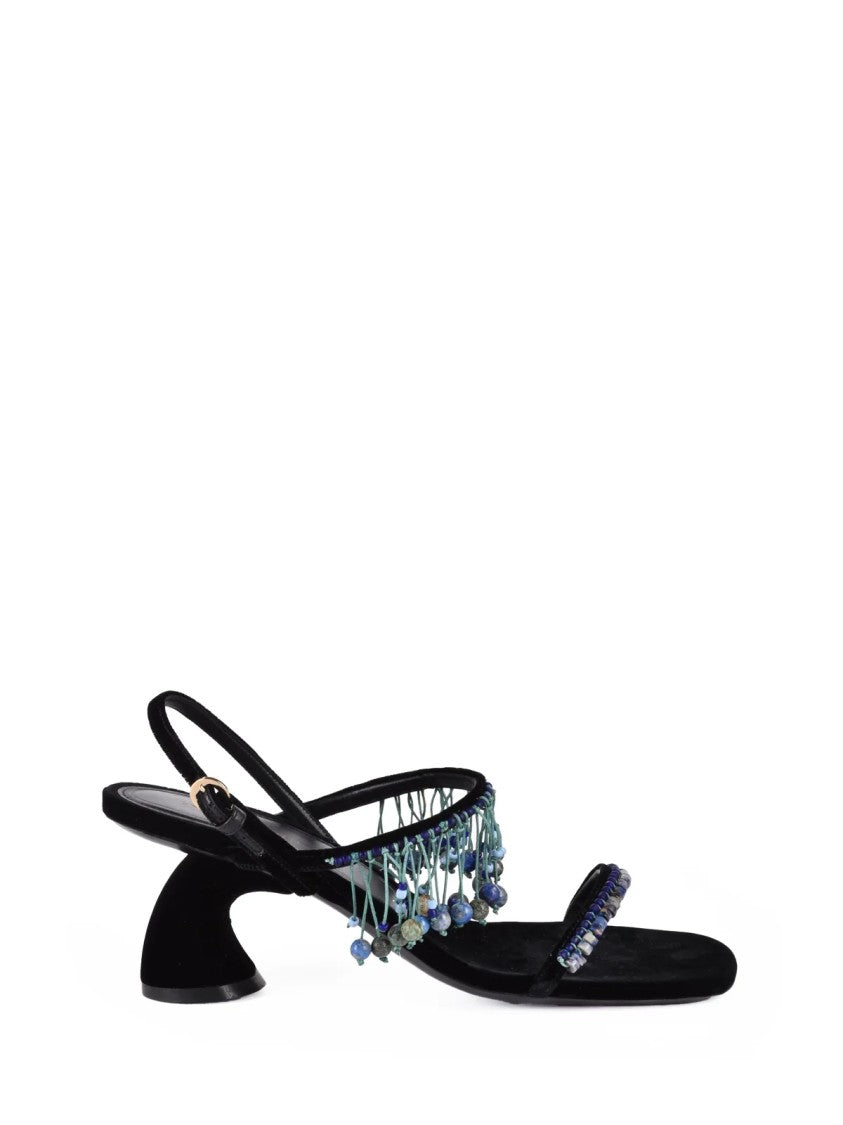 Dries Van Noten Beaded Black Velvet Geometric Heel Sandals