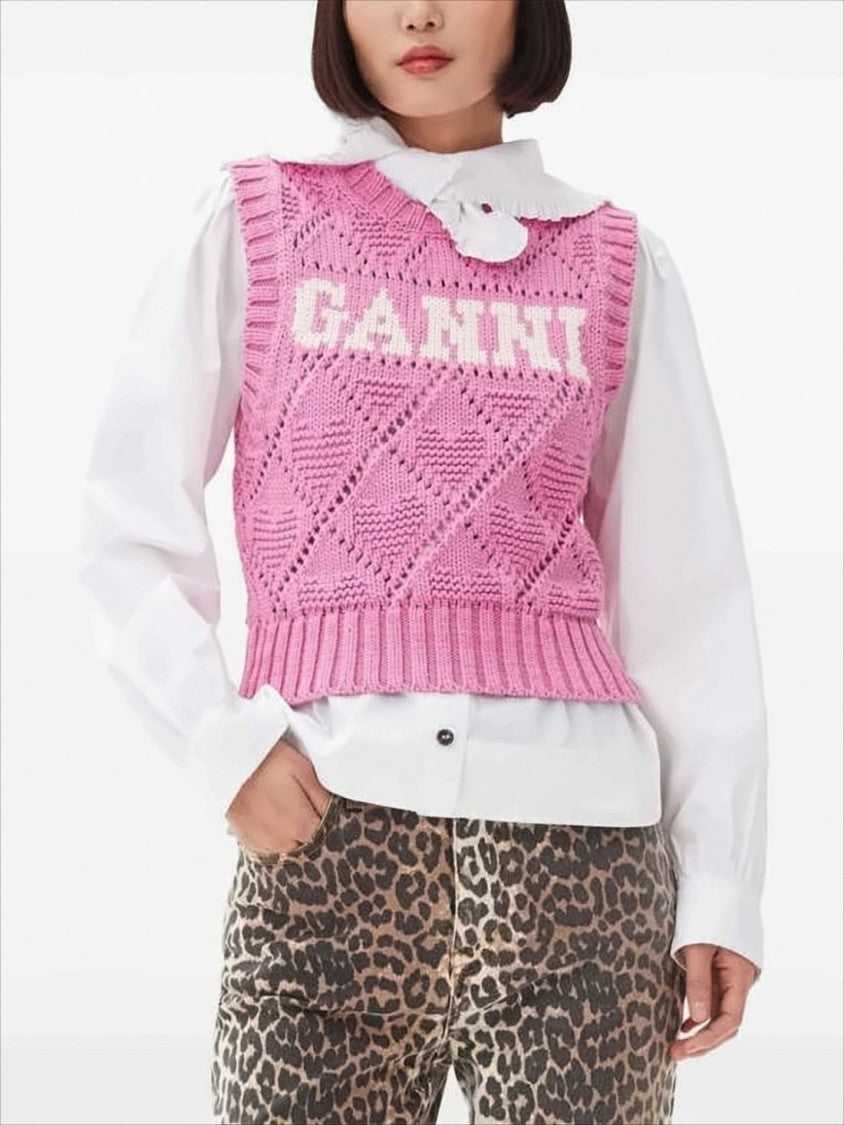 Ganni Vibrant Pink Diamond-Patterned Knit Vest