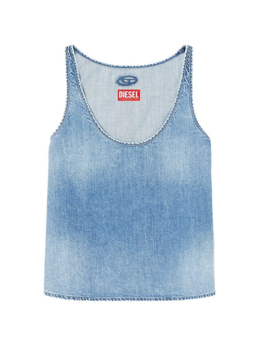 Diesel Faded Blue Denim Tank Top With Raw-Edge Detailing