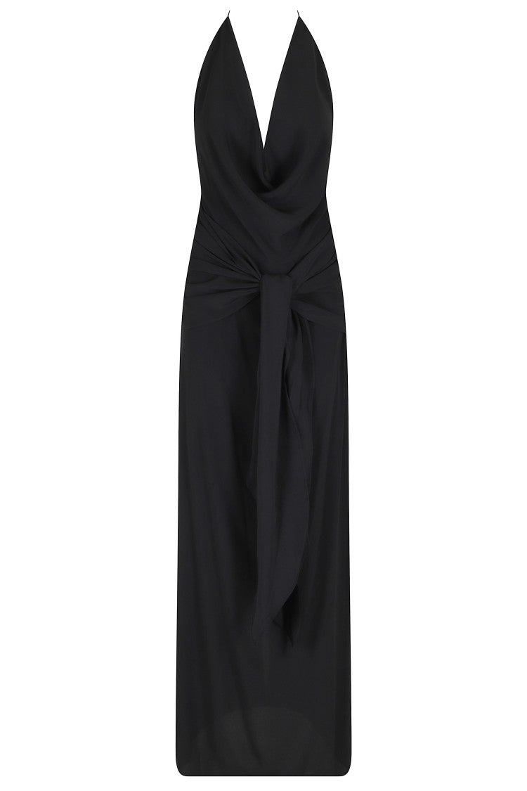 Federica Tosi Black Cowl-Neck Adjustable-Bow Acetate-Blend Maxi Dress