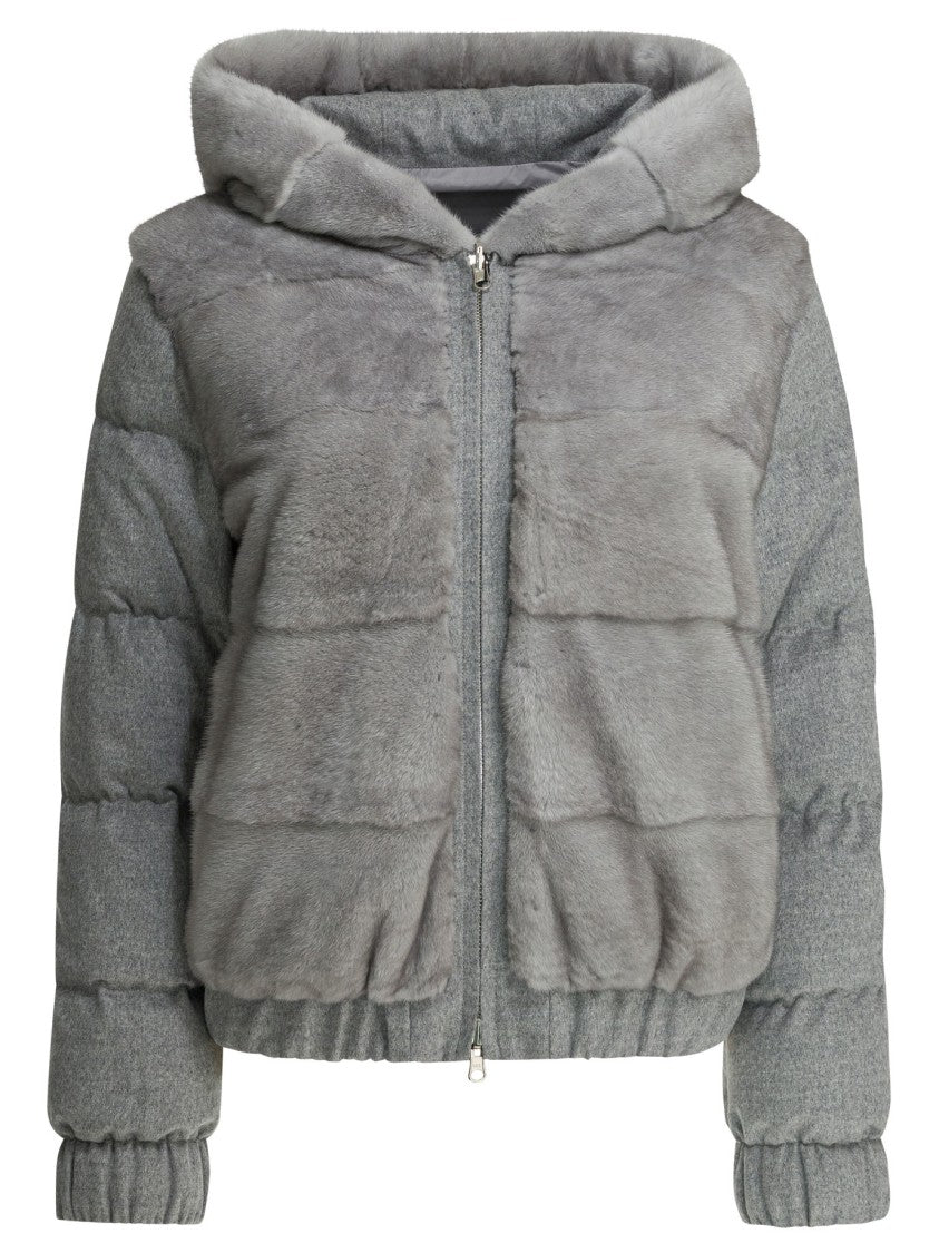 Camelia Light Blue Silk-Cashmere Short Coat With Mink Fur Details