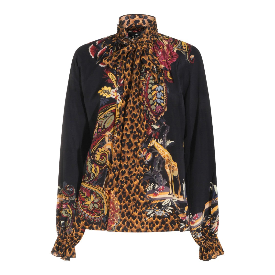 Etro Multicolor Silk Shirt With High Collar And Ruffled Cuffs