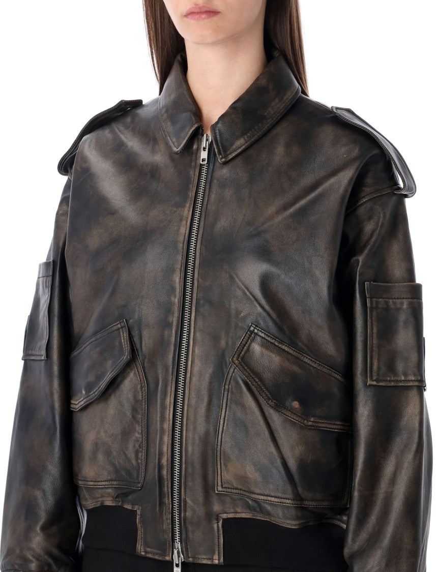 Sword Rub Off Leather Bomber Jacket