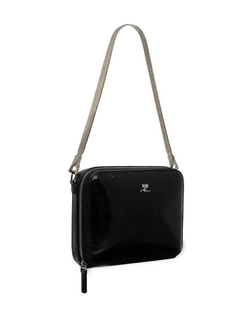 Courrèges Glossy Black Calf Leather Bag With Silver-Tone Accents