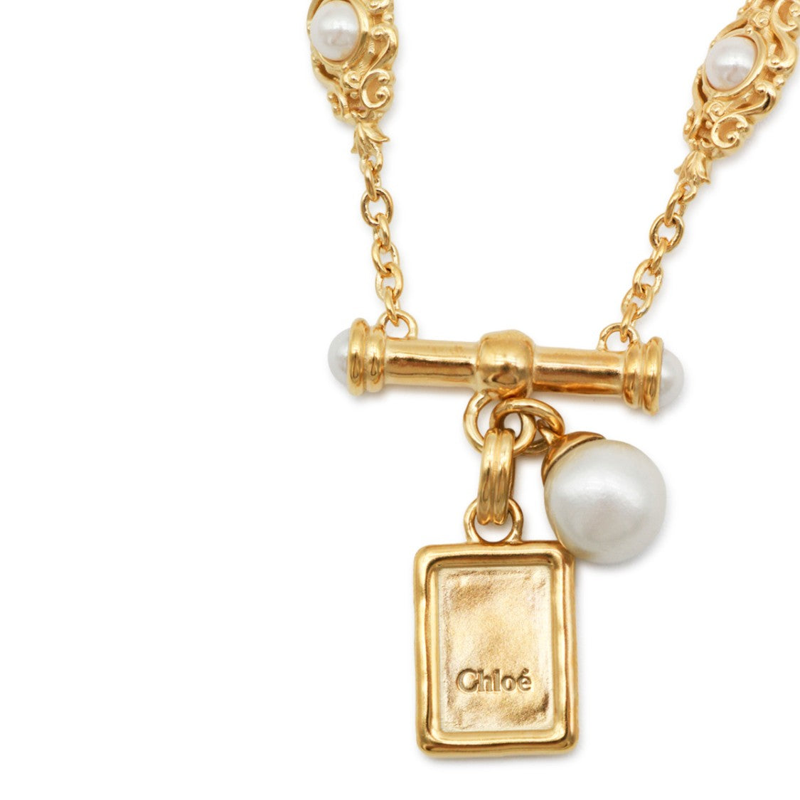 Chloé Gold Metal Necklace With Pearl And Rectangular Charm