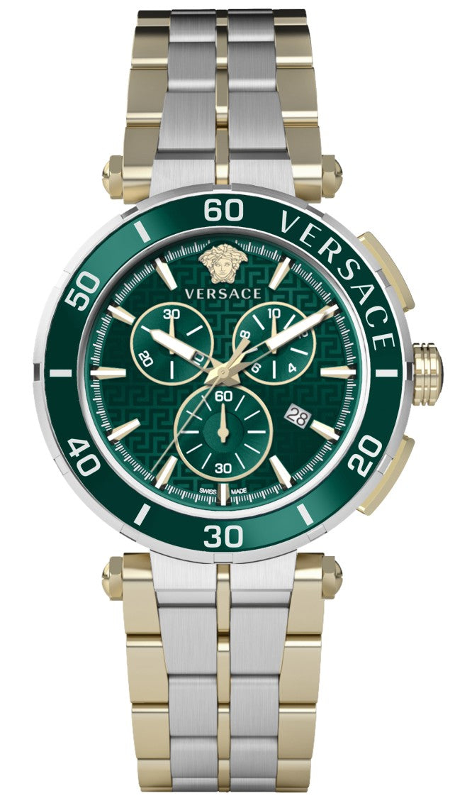 Versace Greca Chrono 45Mm Men's Green Dial Two-Tone Quartz Chronograph Watch