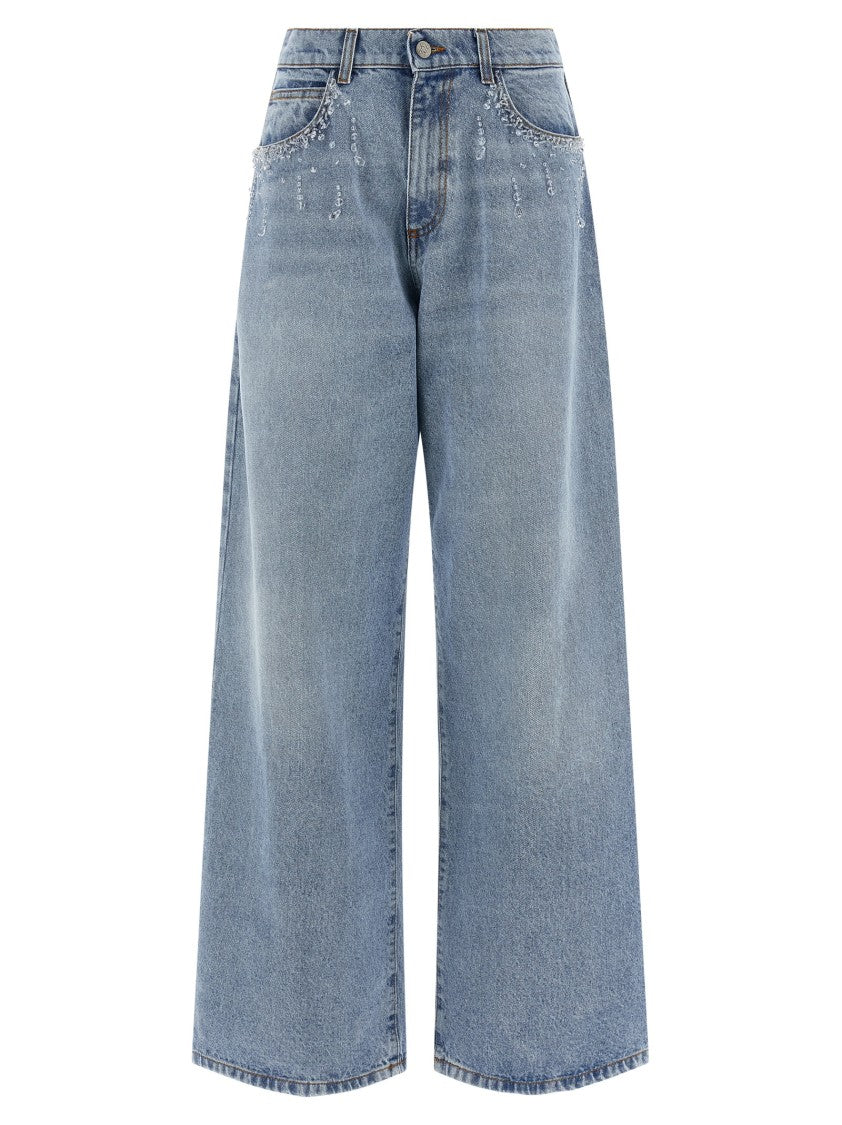 Giuseppe Di Morabito Wide-Leg Denim Jeans With Crystal Appliqué And Contrast Stitching