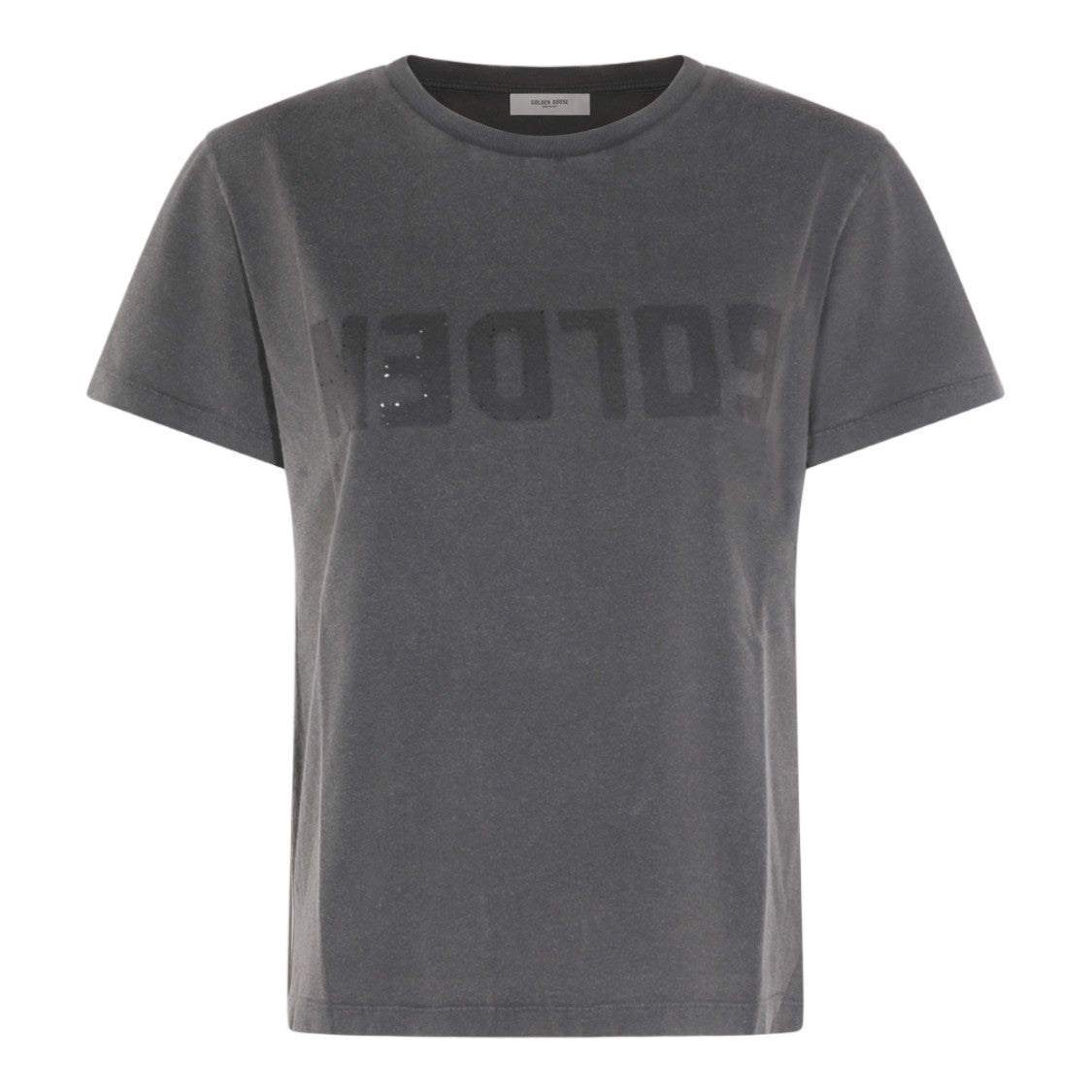 Golden Goose Faded Grey Crew Neck T-Shirt With Distressed Finish And Reversed Text Print