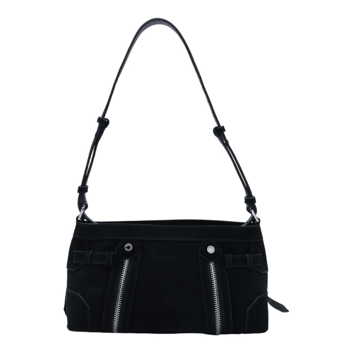 Zadig & Voltaire Rectangular Black Shoulder Bag With Dual Zippered Pockets And Silver Hardware