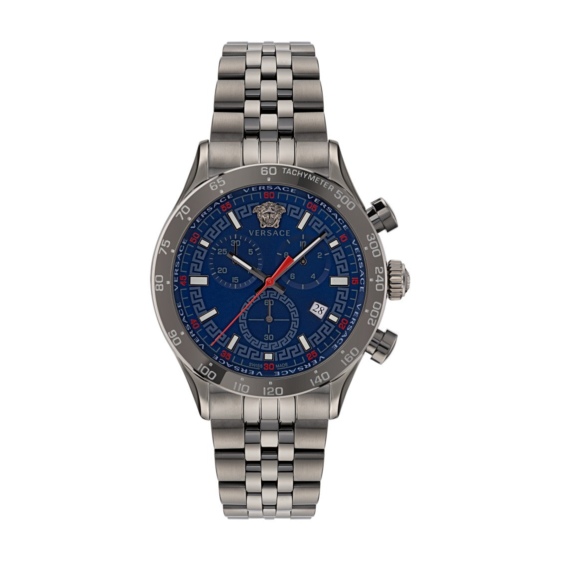 Versace 43Mm Stainless Steel Chronograph With Blue Dial And Medusa Detail