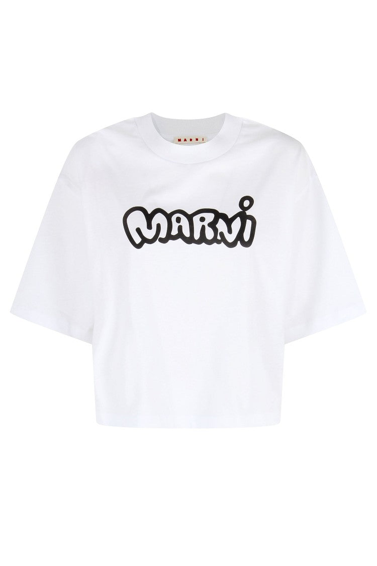 Marni Cropped White T-Shirt With Bold Front Logo
