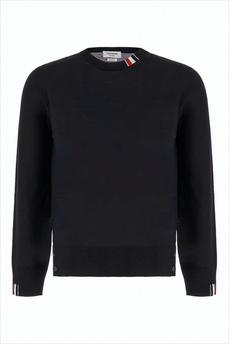 Thom Browne Classic Crew Neck Black Merino Wool Sweater With Ribbed Texture