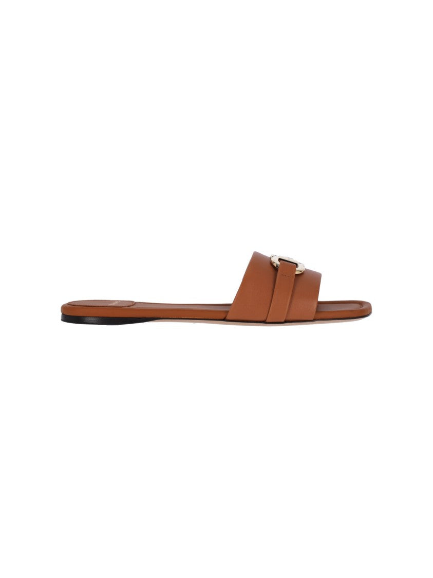 Ferragamo Brown Calf Leather Slip-On Gancini Sandals
