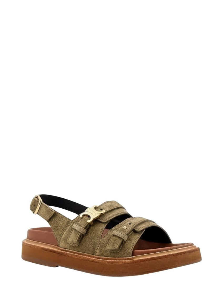 Celine Olive Suede Sandals With Gold-Tone Hardware