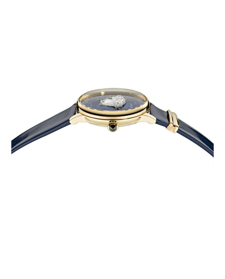Versace Medusa Alchemy Timepiece With Yellow Gold Case And Blue Dial