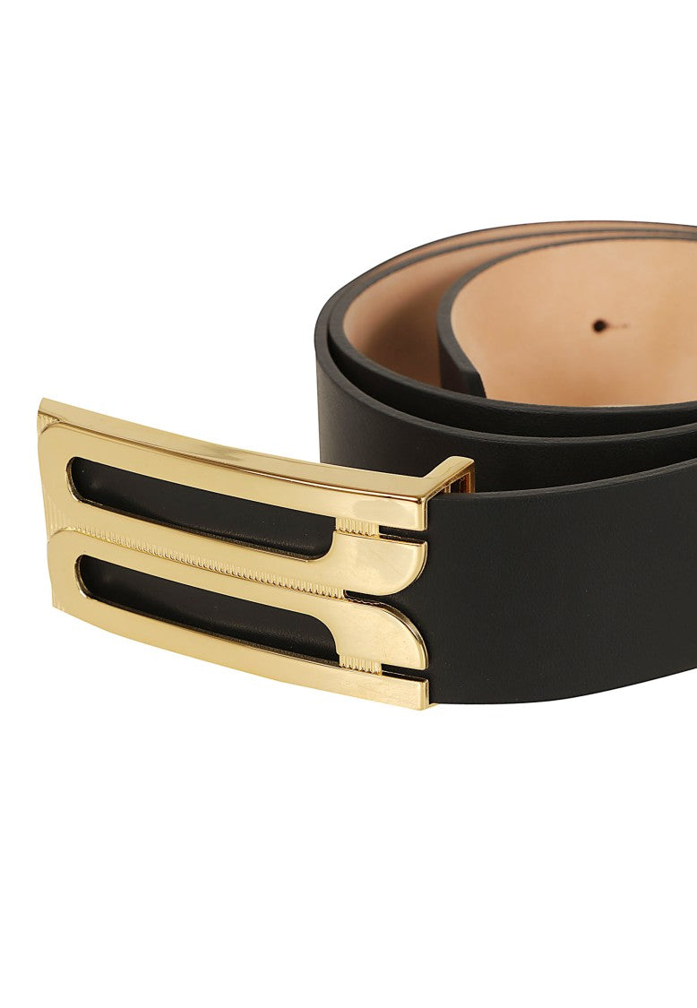 Victoria Beckham Geometric Buckle Jumbo Frame Belt In Black Leather