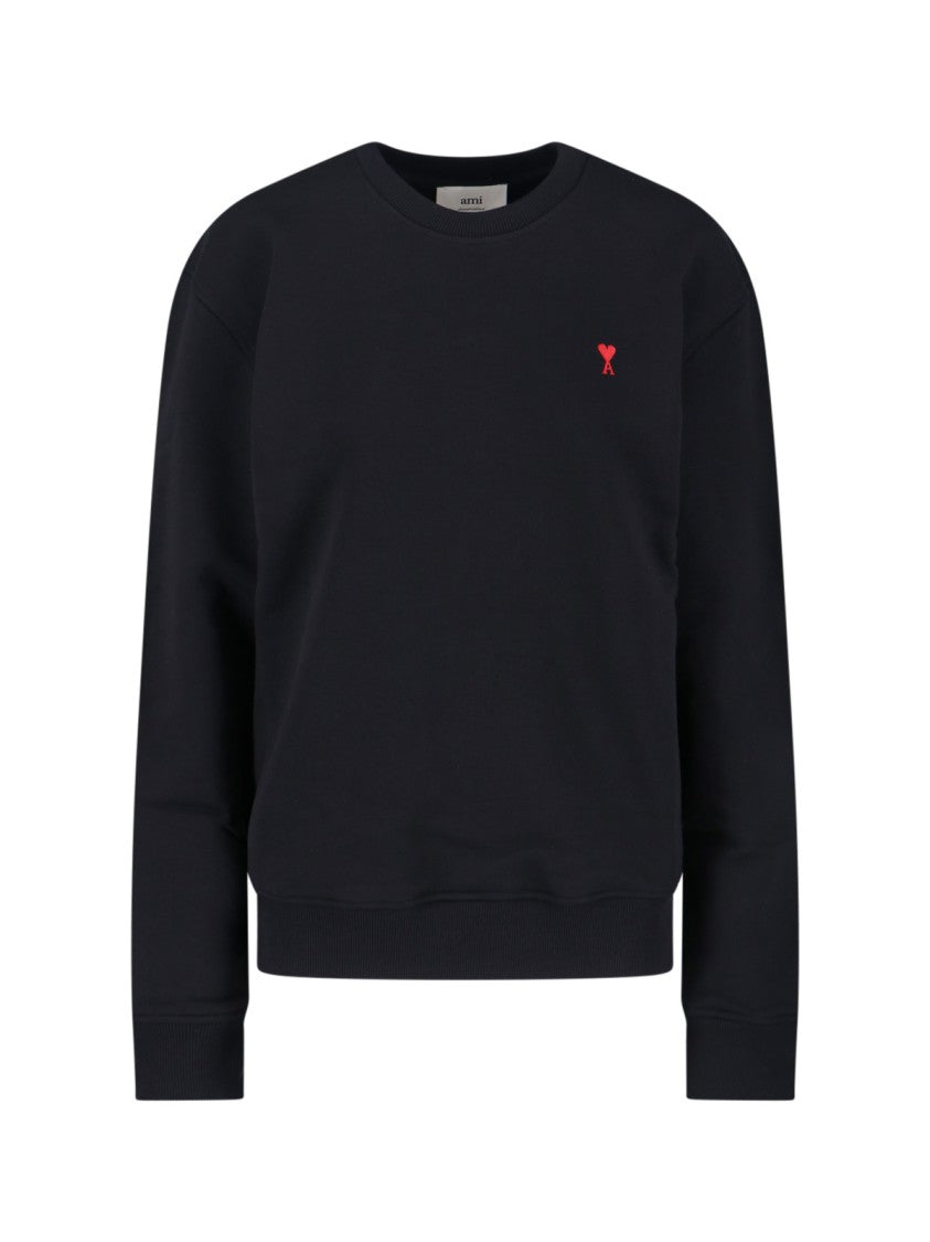 Ami Crewneck Sweatshirt With Red Logo Embroidery And Ribbed Finishes