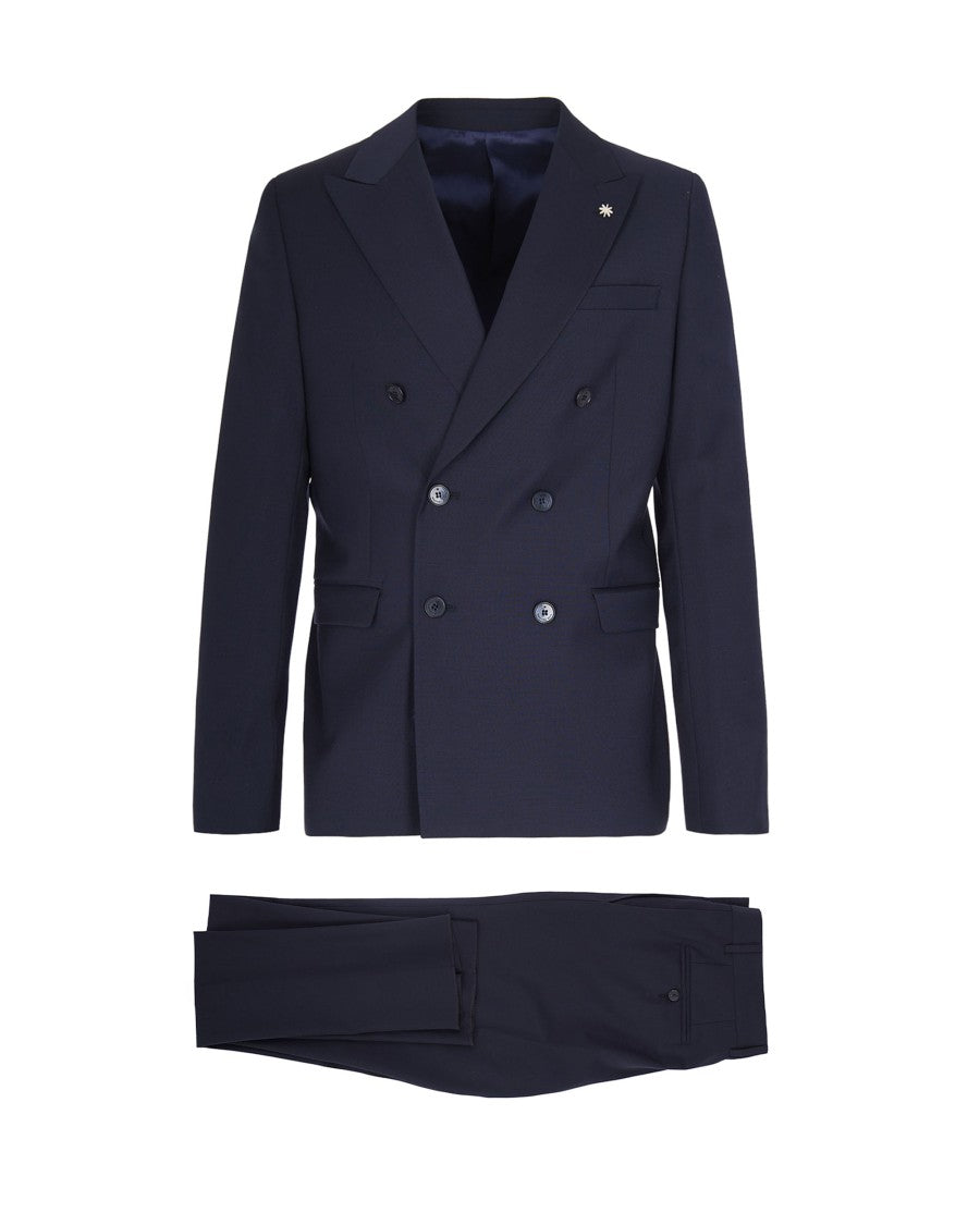 Manuel Ritz Double-Breasted Blue Suit Jacket With Signature Pin