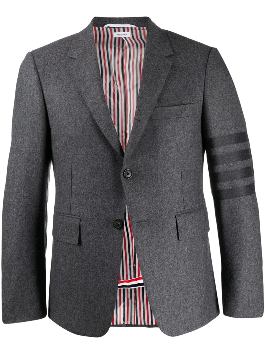 Thom Browne Tailored Grey Suit Jacket With Cashmere Blend And Signature Stripes