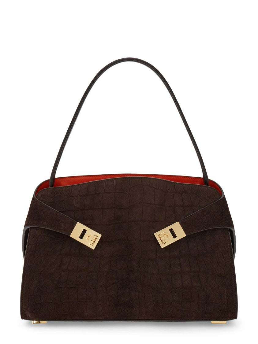 Ferragamo Structured Crocodile-Embossed Handbag With Gold-Tone Accents