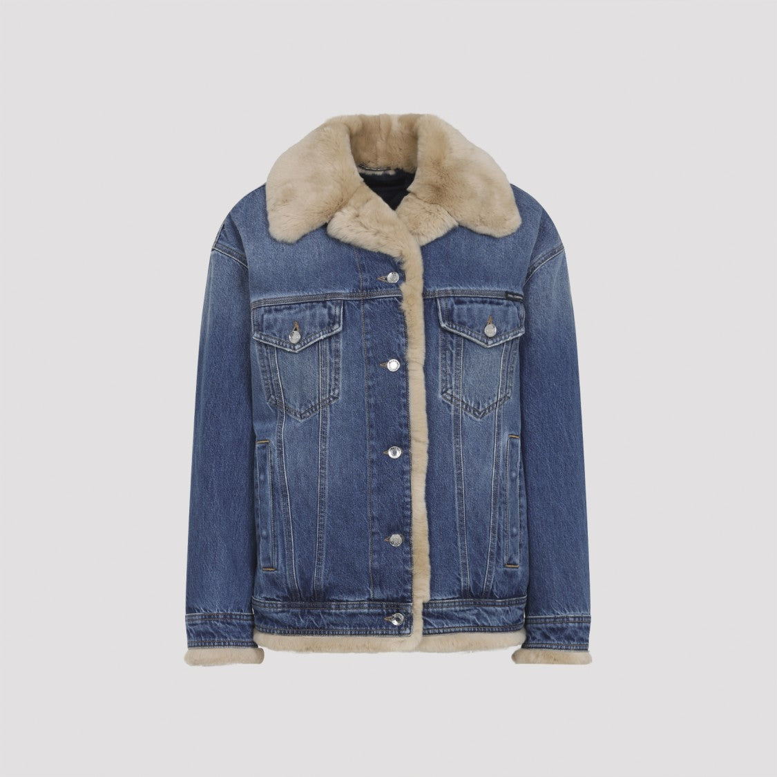 Dolce & Gabbana Denim Blue Cotton Jacket With Beige Lapin Accents