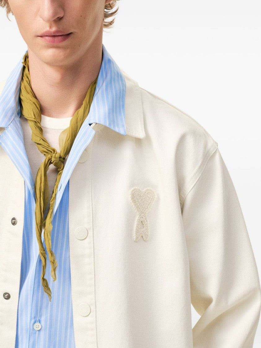 Ami Paris Beige De Coeur Crochet Patch Snap-Button Shirt