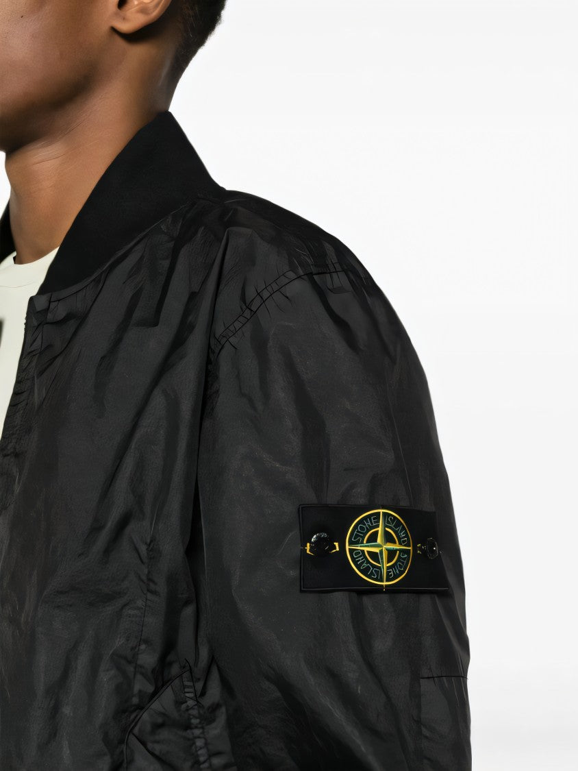 Stone Island Black Leather Jacket With Zip Front And Logo Patch