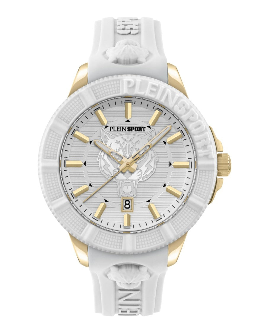Plein Sport 45Mm Yellow Gold Case Silicone Watch With Silver Enamel Dial