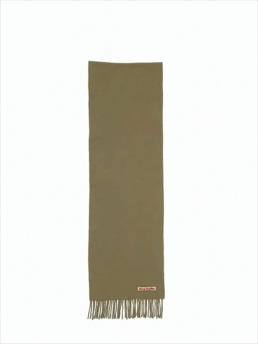 Acne Studios Solid Olive Green Wool Scarf With Fringed Ends