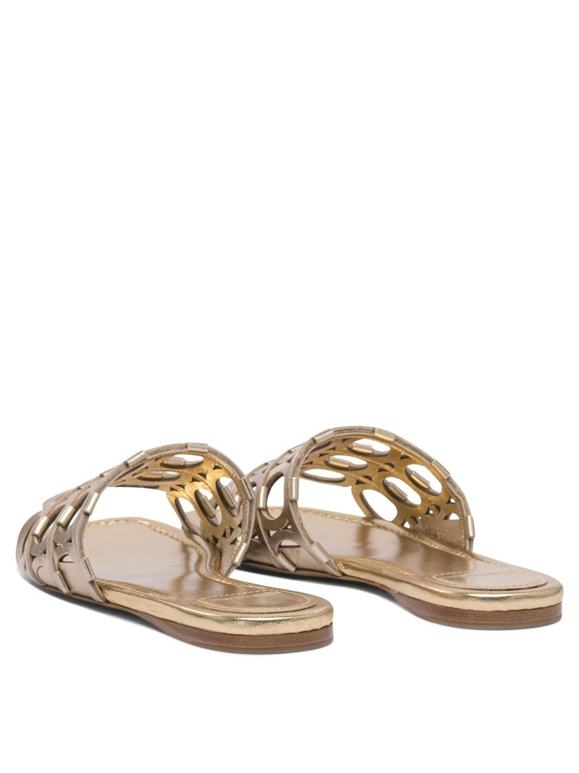 Ferragamo Gold Leather Sandals With Cut-Out Design