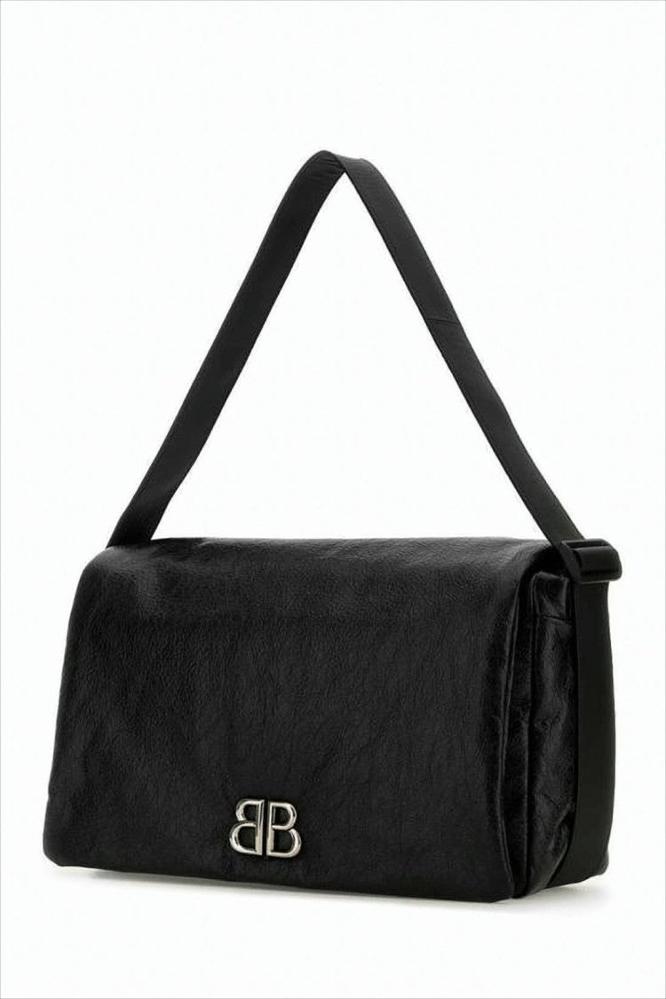 Balenciaga Minimalist Black Calf Leather Shoulder Bag With Metallic Emblem