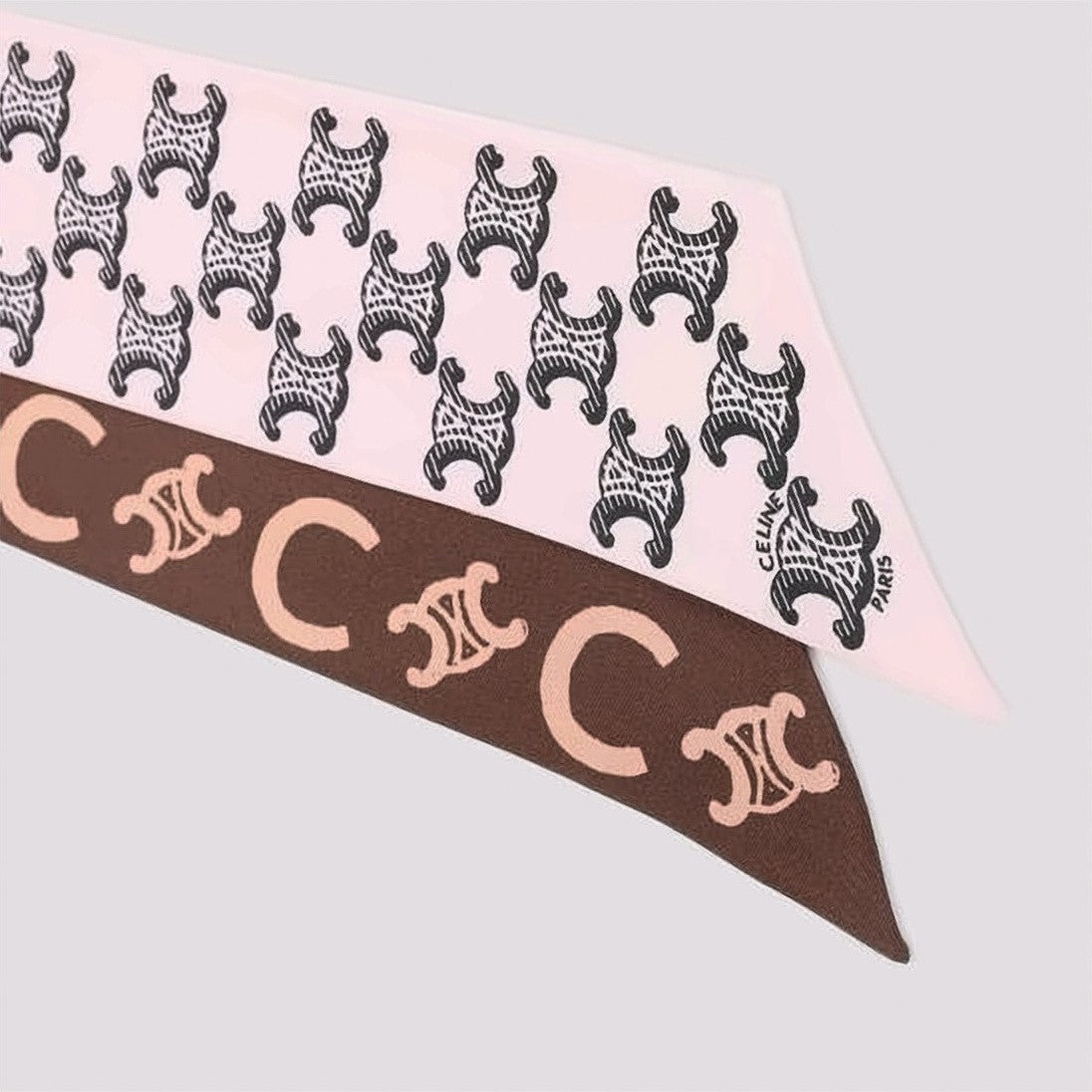 Celine Tri-Color Silk Scarf With Stylized Motifs And Logos