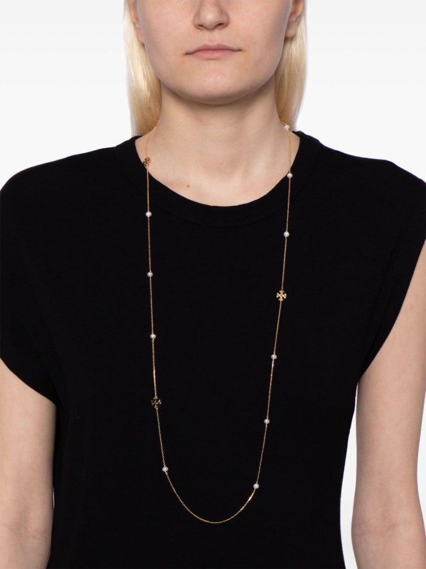 Tory Burch Delicate Gold-Tone Chain Necklace With Pearl Accents And Logo Charms
