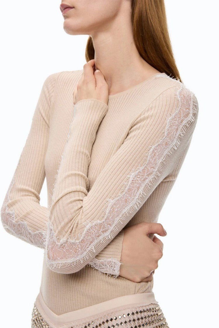 Pinko Beige Wool-Cashmere Blend Ribbed Crew-Neck Sweater