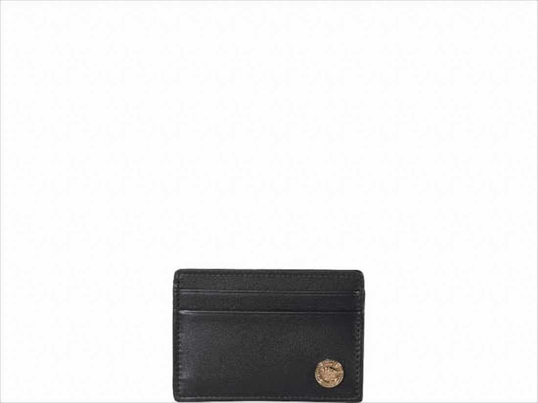 Versace Sleek Black Leather Card Wallet With Gold Emblem