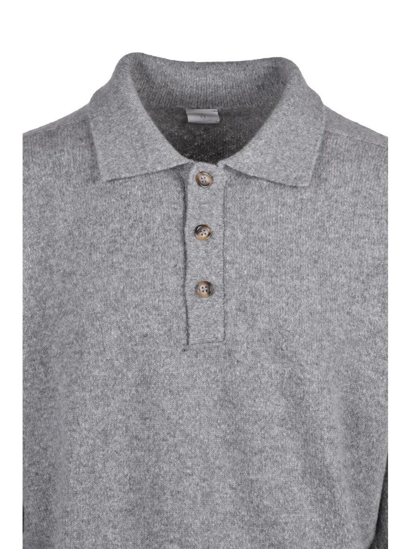 Eleventy Grey Wool And Cashmere Knit Polo Sweater