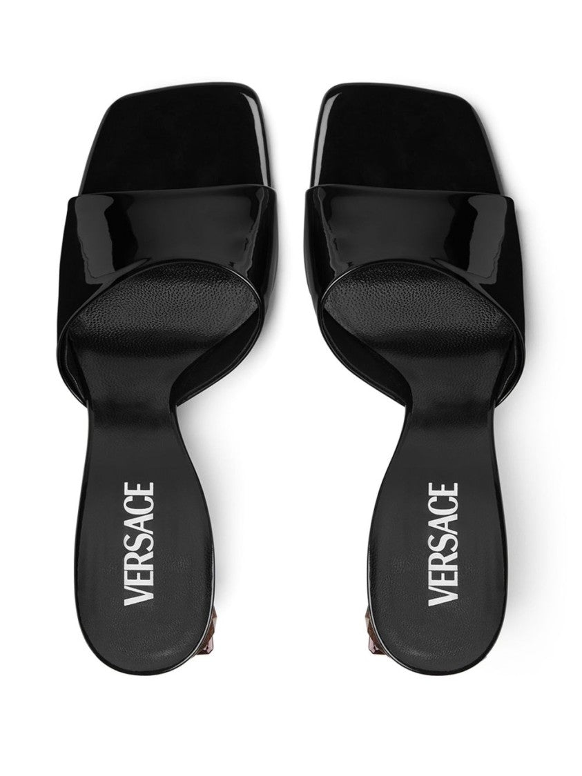 Versace Black Sculpted Heel Branded Leather Sandals