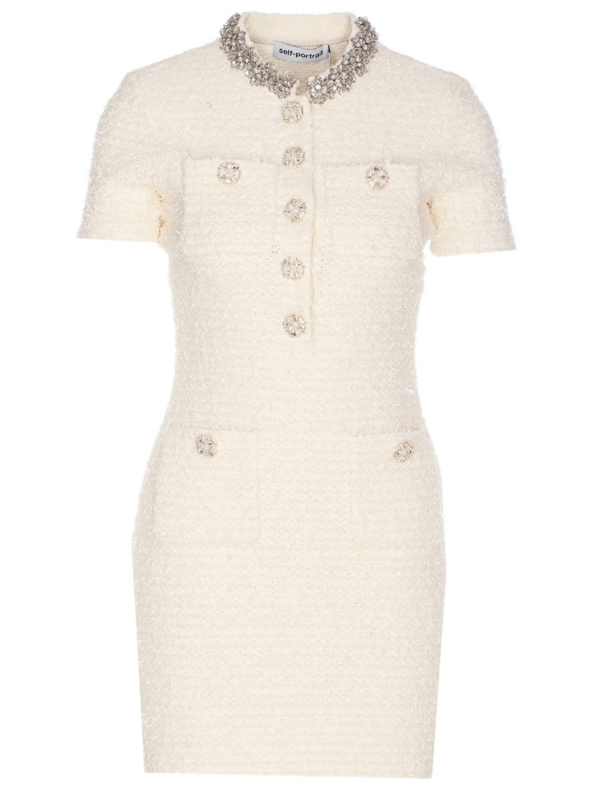 Self-Portrait Fitted White Dress With Decorative Buttons