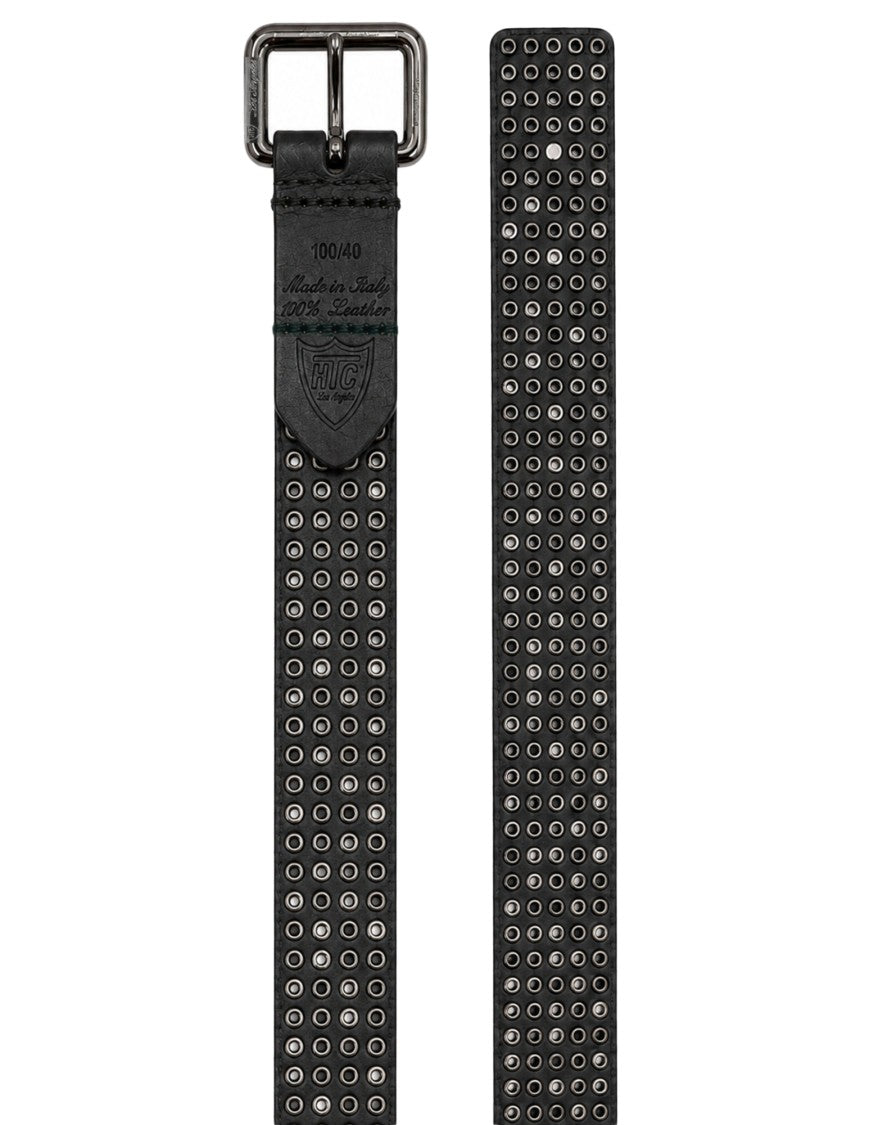 Htc Los Angeles Studded Black Leather Belt With Dark Metallic Buckle